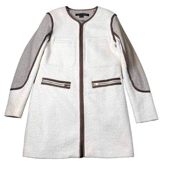 FRENCH CONNECTION Cream Brown Sherpa Wool Blend Zipper Jacket Coat Size 6 - Picture 1 of 16